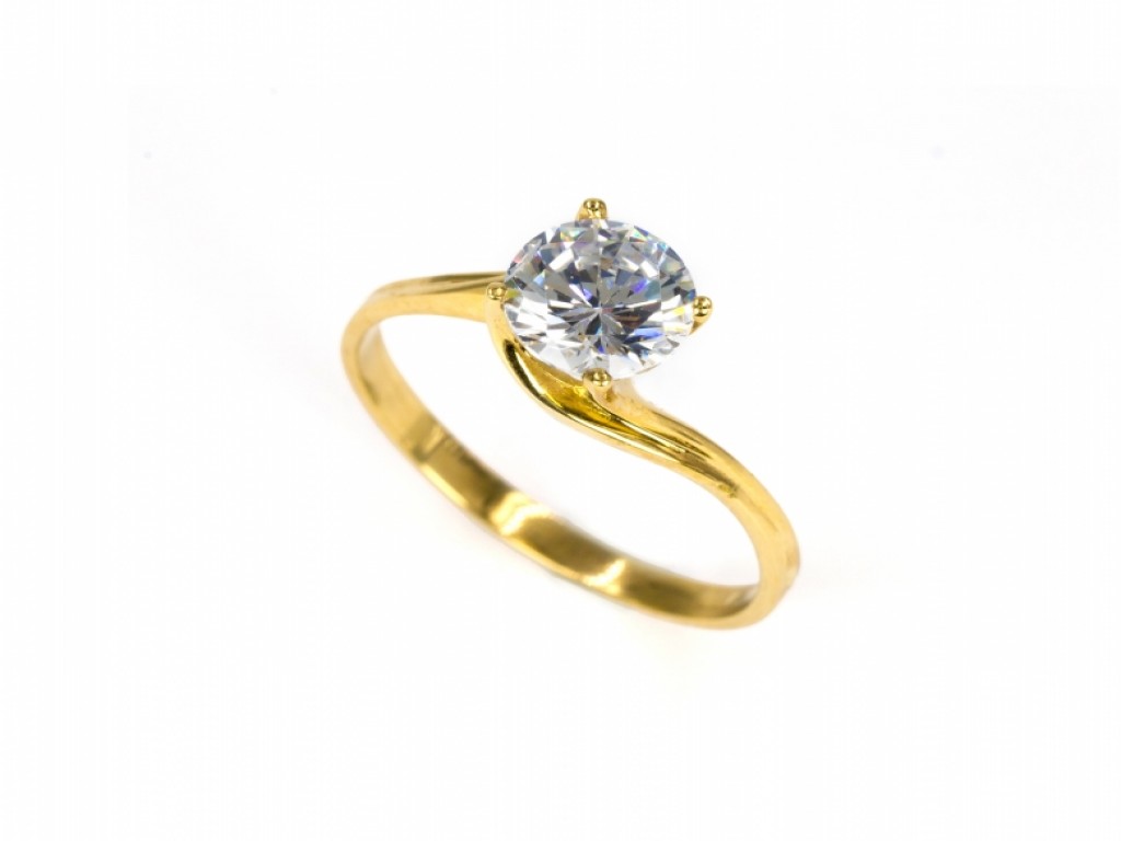 Anel Noivado Solitário Ouro com Zircónias Brancas