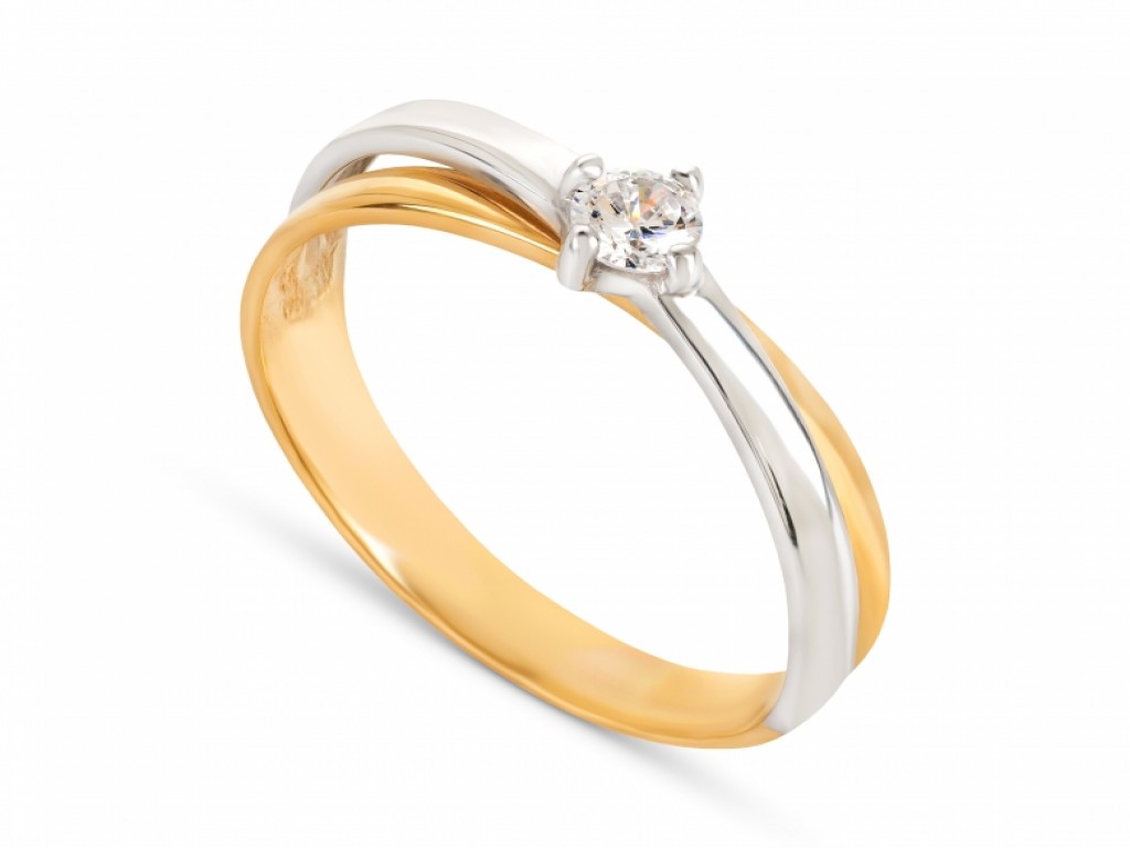 Anel Noivado Solitário Ouro com Zircónias Brancas