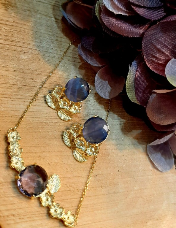 Conjunto de brincos e gargantilha Prata 925 Dourada e Brilhantes